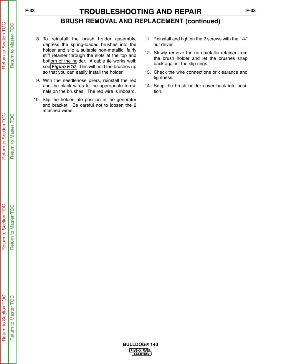 Troubleshooting and repair, Brush removal and replacement (continued) | Lincoln Electric BULLDOG SVM208-A User Manual | Page 81 / 101