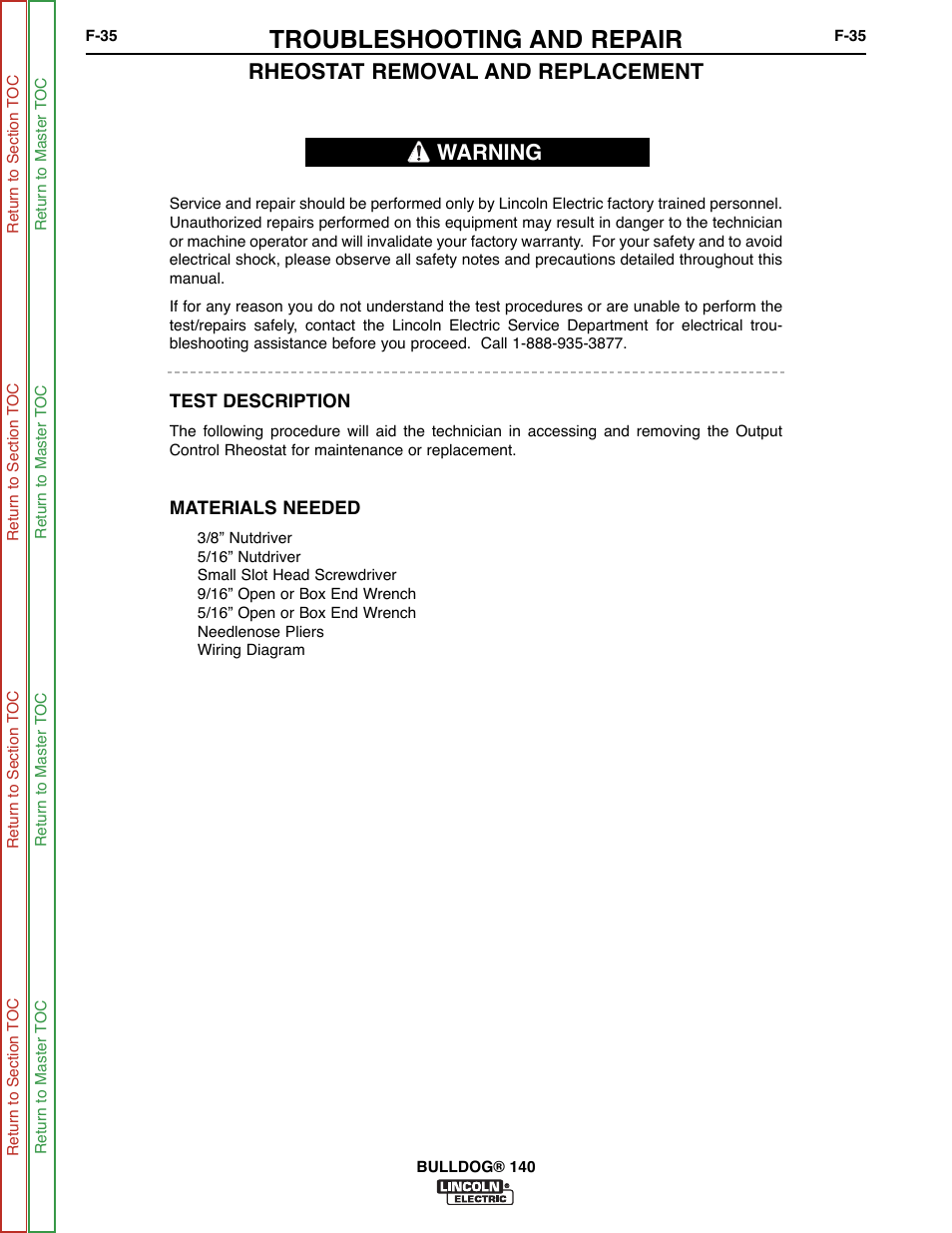 Rheostat, Removal, Replacement procedure | Rheostat removal and replacement procedure, Troubleshooting and repair, Rheostat removal and replacement, Warning | Lincoln Electric BULLDOG SVM208-A User Manual | Page 83 / 101