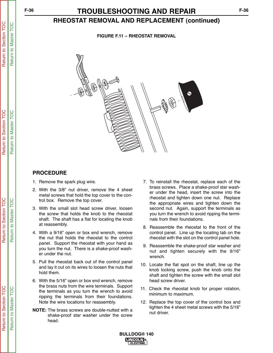 Troubleshooting and repair, Rheostat removal and replacement (continued) | Lincoln Electric BULLDOG SVM208-A User Manual | Page 84 / 101