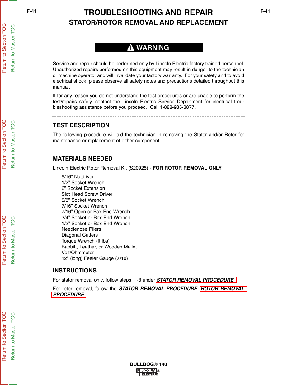 Troubleshooting and repair, Stator/rotor removal and replacement, Warning | Lincoln Electric BULLDOG SVM208-A User Manual | Page 89 / 101