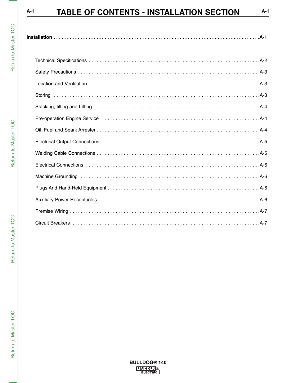 Section a - installation | Lincoln Electric BULLDOG SVM208-A User Manual | Page 9 / 101