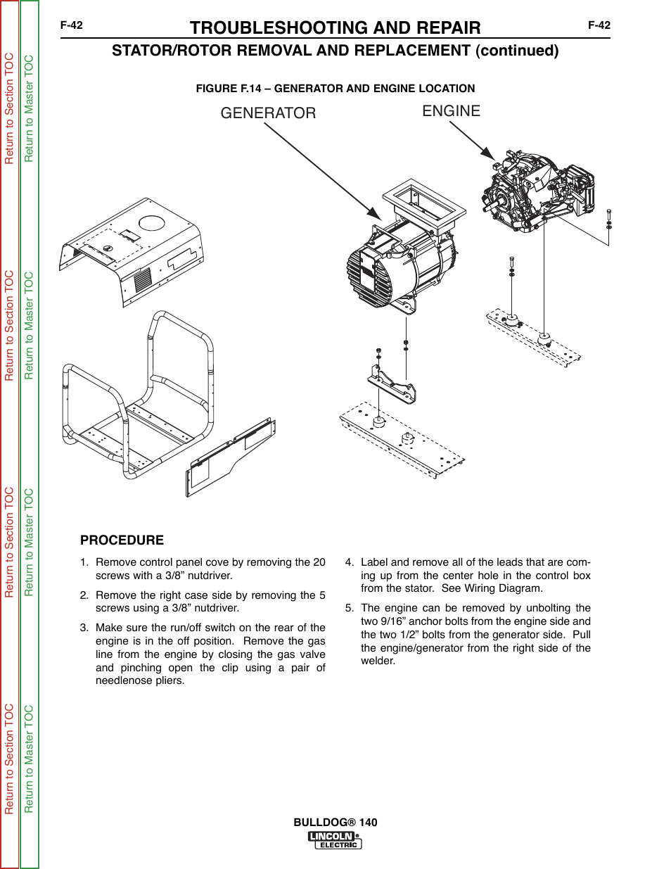 Troubleshooting and repair, Generator engine, Stator/rotor removal and replacement (continued) | Lincoln Electric BULLDOG SVM208-A User Manual | Page 90 / 101