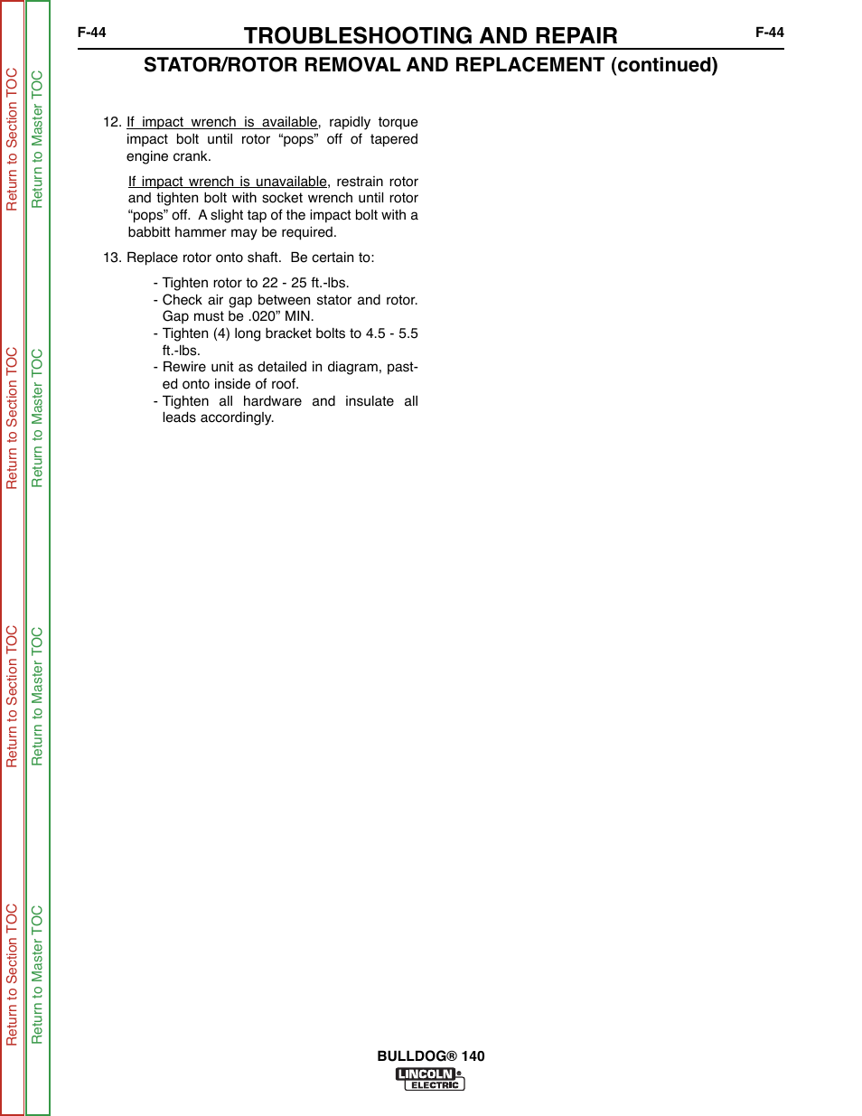 Troubleshooting and repair, Stator/rotor removal and replacement (continued) | Lincoln Electric BULLDOG SVM208-A User Manual | Page 92 / 101