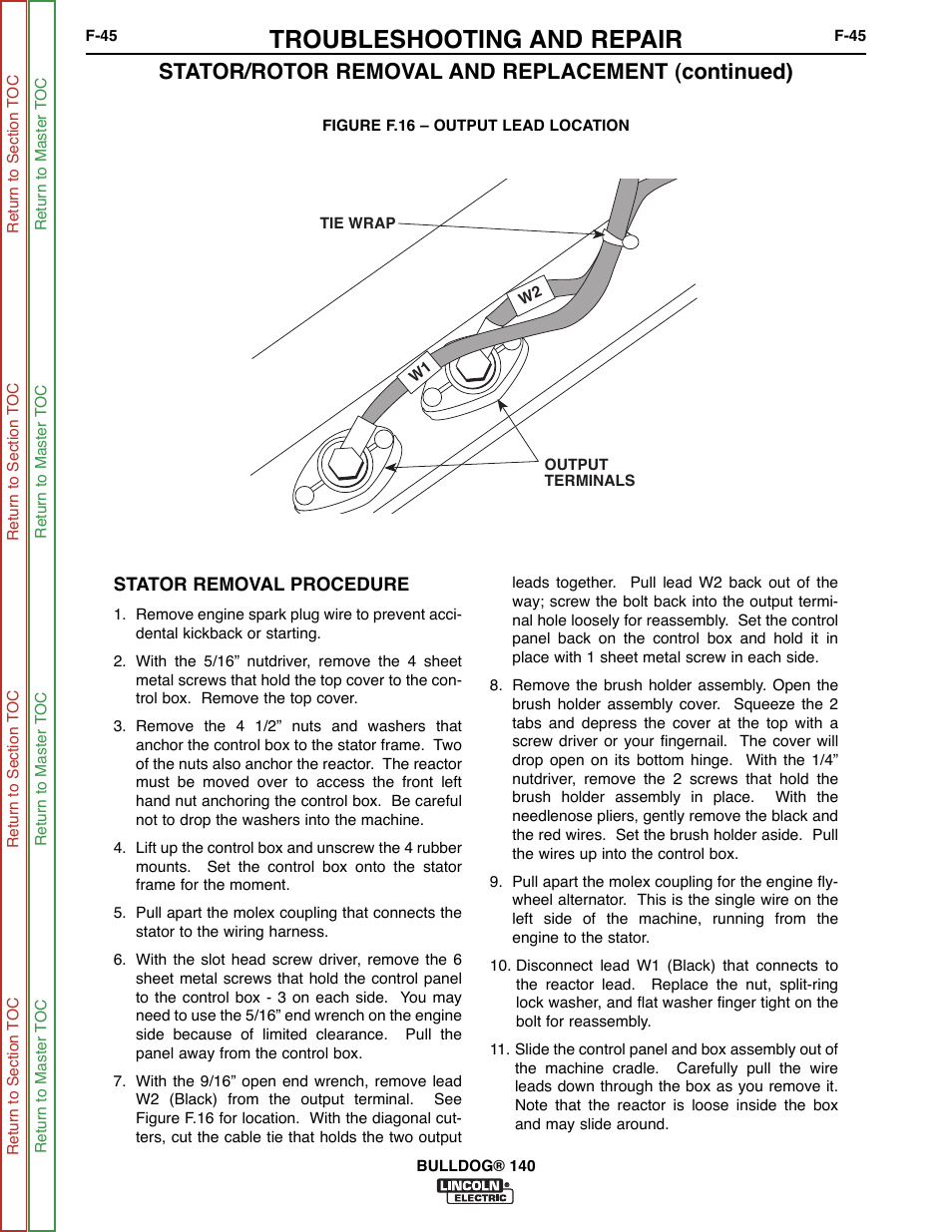 Under stator removal procedure, Troubleshooting and repair, Stator/rotor removal and replacement (continued) | Lincoln Electric BULLDOG SVM208-A User Manual | Page 93 / 101