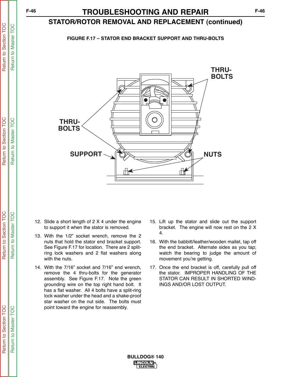 Troubleshooting and repair, Thru- bolts thru- bolts nuts support, Stator/rotor removal and replacement (continued) | Lincoln Electric BULLDOG SVM208-A User Manual | Page 94 / 101