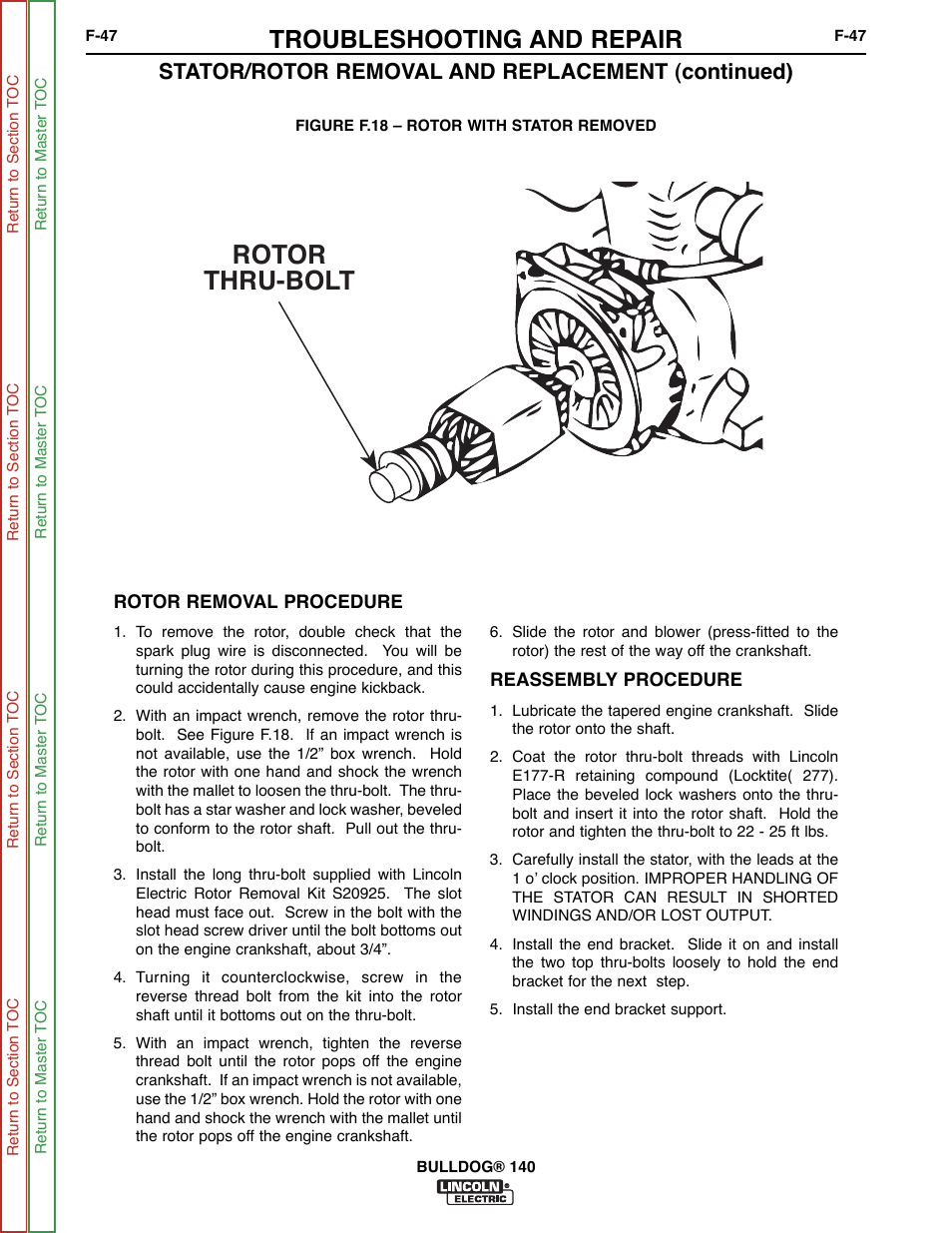 Rotor removal procedure, Rotor thru-bolt, Troubleshooting and repair | Stator/rotor removal and replacement (continued) | Lincoln Electric BULLDOG SVM208-A User Manual | Page 95 / 101