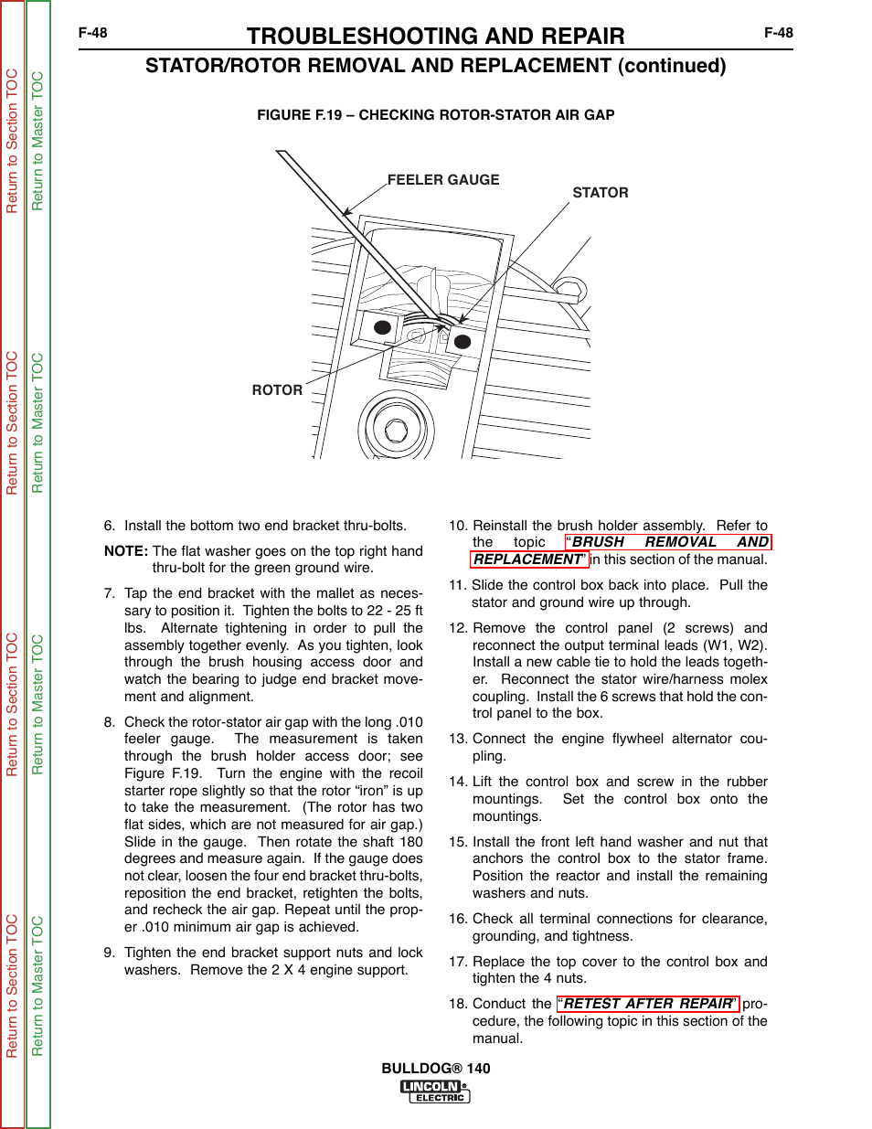 Troubleshooting and repair, Stator/rotor removal and replacement (continued) | Lincoln Electric BULLDOG SVM208-A User Manual | Page 96 / 101