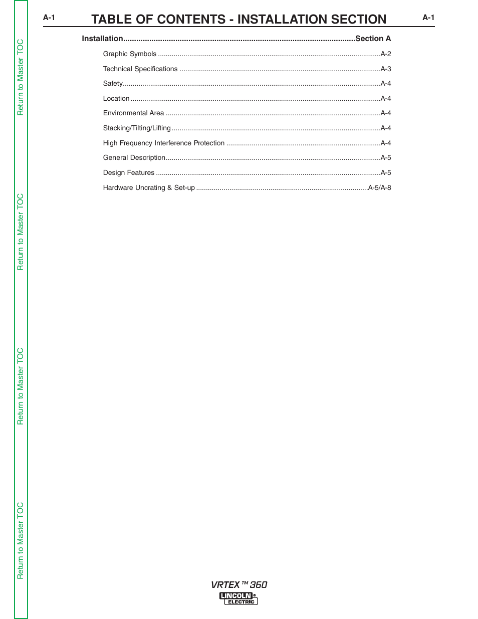 Section a - installation | Lincoln Electric VRTEXTM 360 SVM200-A User Manual | Page 10 / 171