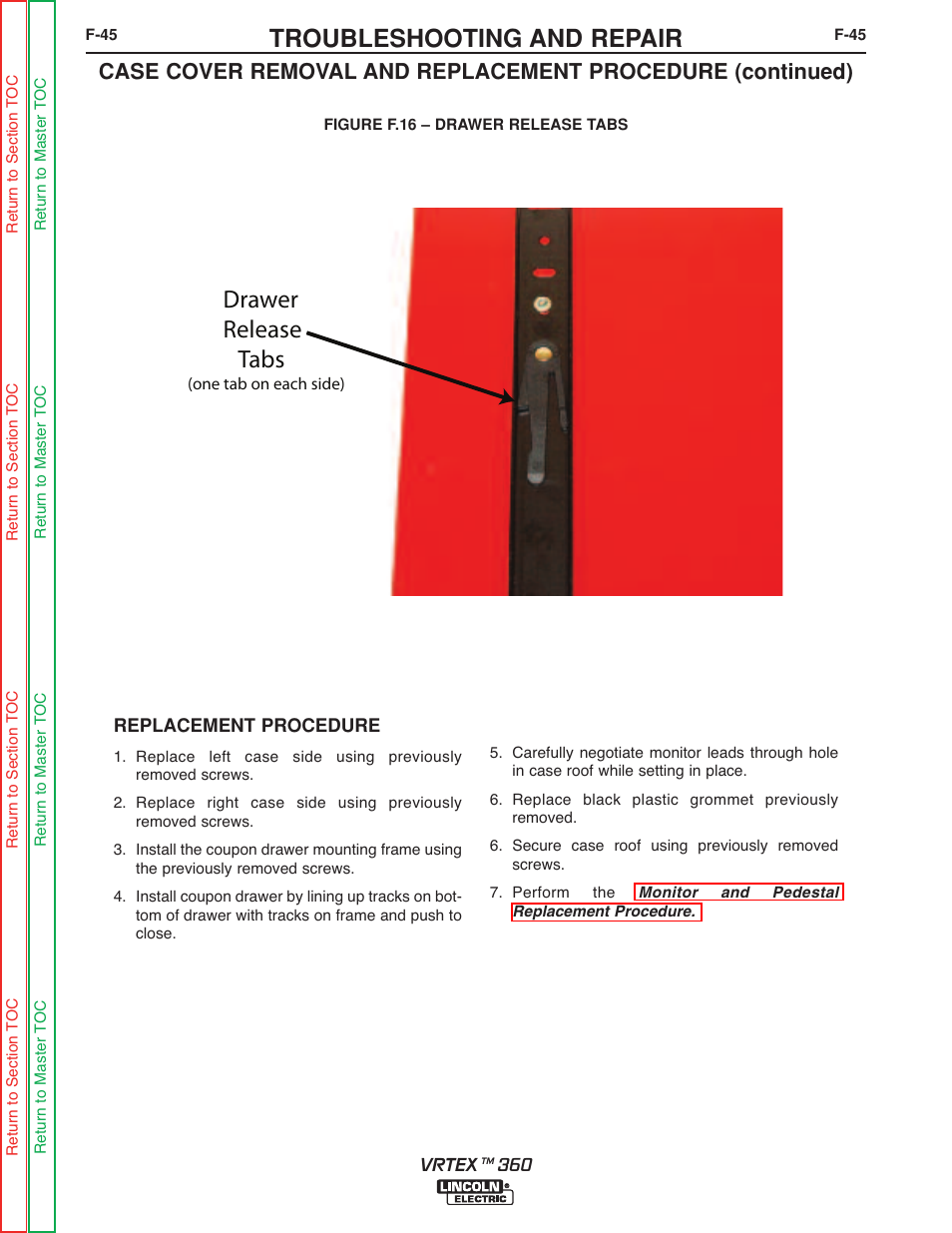 Figure f.16, Drawer release tabs, Troubleshooting and repair | Lincoln Electric VRTEXTM 360 SVM200-A User Manual | Page 102 / 171