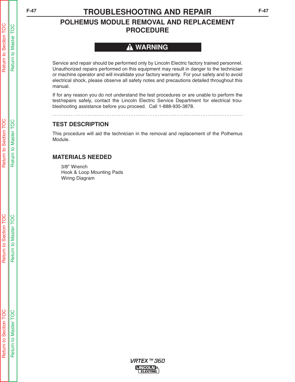 Troubleshooting and repair, Polhemus module removal and replacement procedure, Warning | Lincoln Electric VRTEXTM 360 SVM200-A User Manual | Page 104 / 171