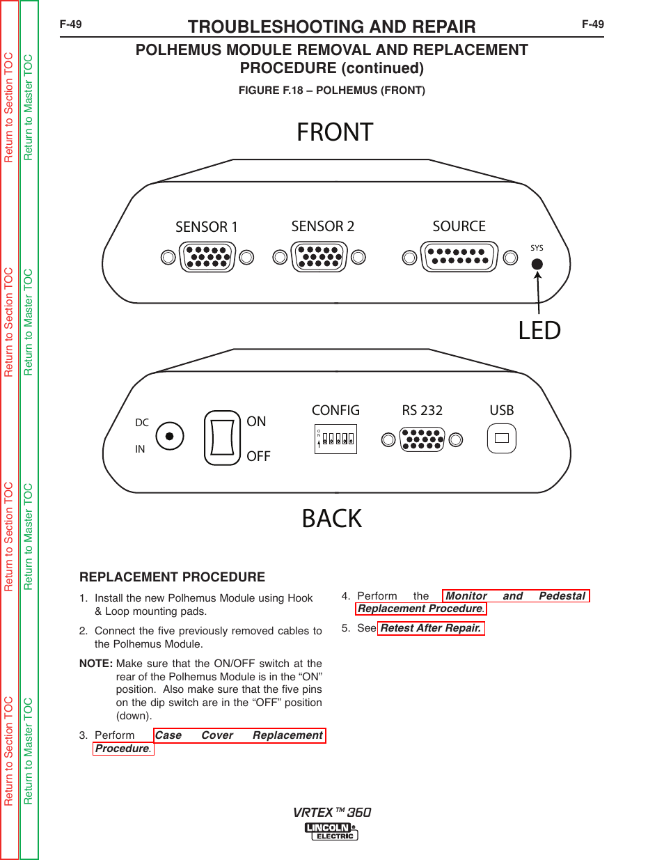 Figure f.18, Front back led, Troubleshooting and repair | Sensor 1 sensor 2 source, Rs 232 usb config, On off | Lincoln Electric VRTEXTM 360 SVM200-A User Manual | Page 106 / 171