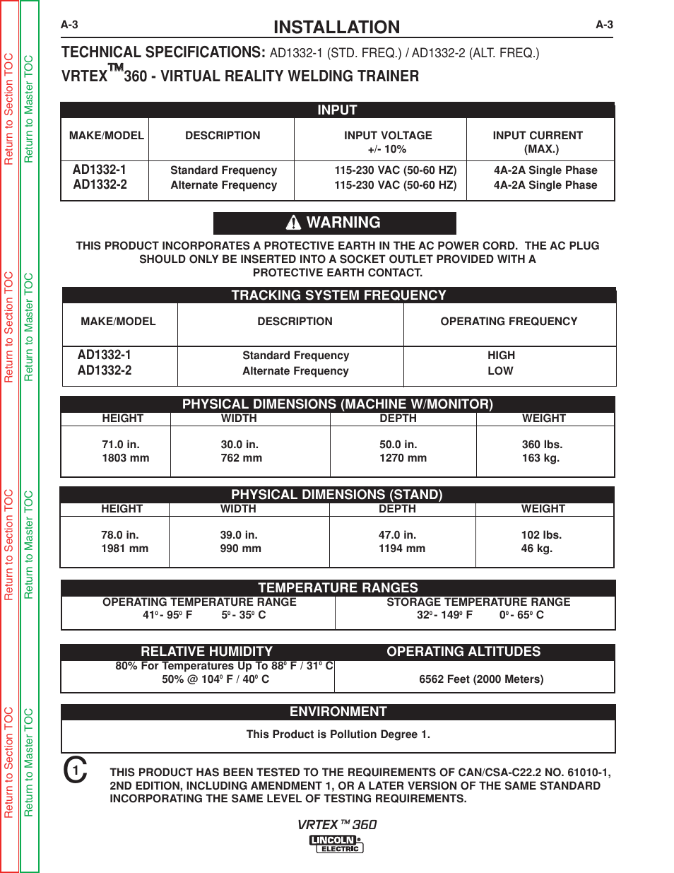 Installation, Technical specifications, Vrtex ™ ™ 360 - virtual reality welding trainer | Warning | Lincoln Electric VRTEXTM 360 SVM200-A User Manual | Page 12 / 171