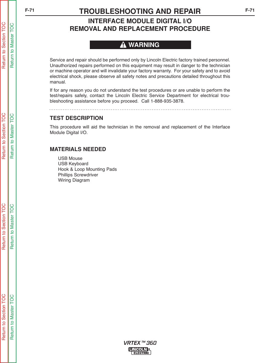 Troubleshooting and repair, Warning | Lincoln Electric VRTEXTM 360 SVM200-A User Manual | Page 128 / 171