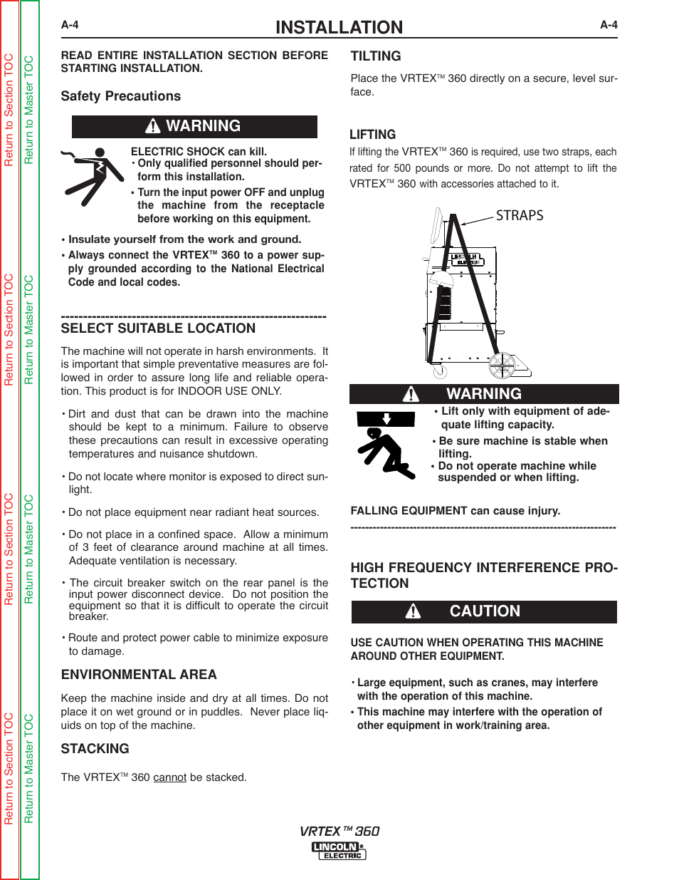 Installation, Warning caution, Warning | Straps | Lincoln Electric VRTEXTM 360 SVM200-A User Manual | Page 13 / 171