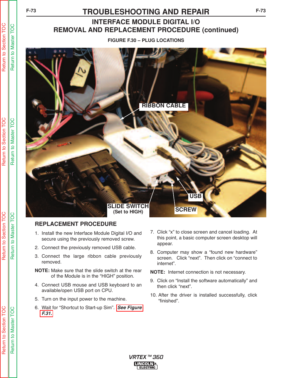 See figure, F.30, Figure f.30 | See figure f.30, Troubleshooting and repair | Lincoln Electric VRTEXTM 360 SVM200-A User Manual | Page 130 / 171