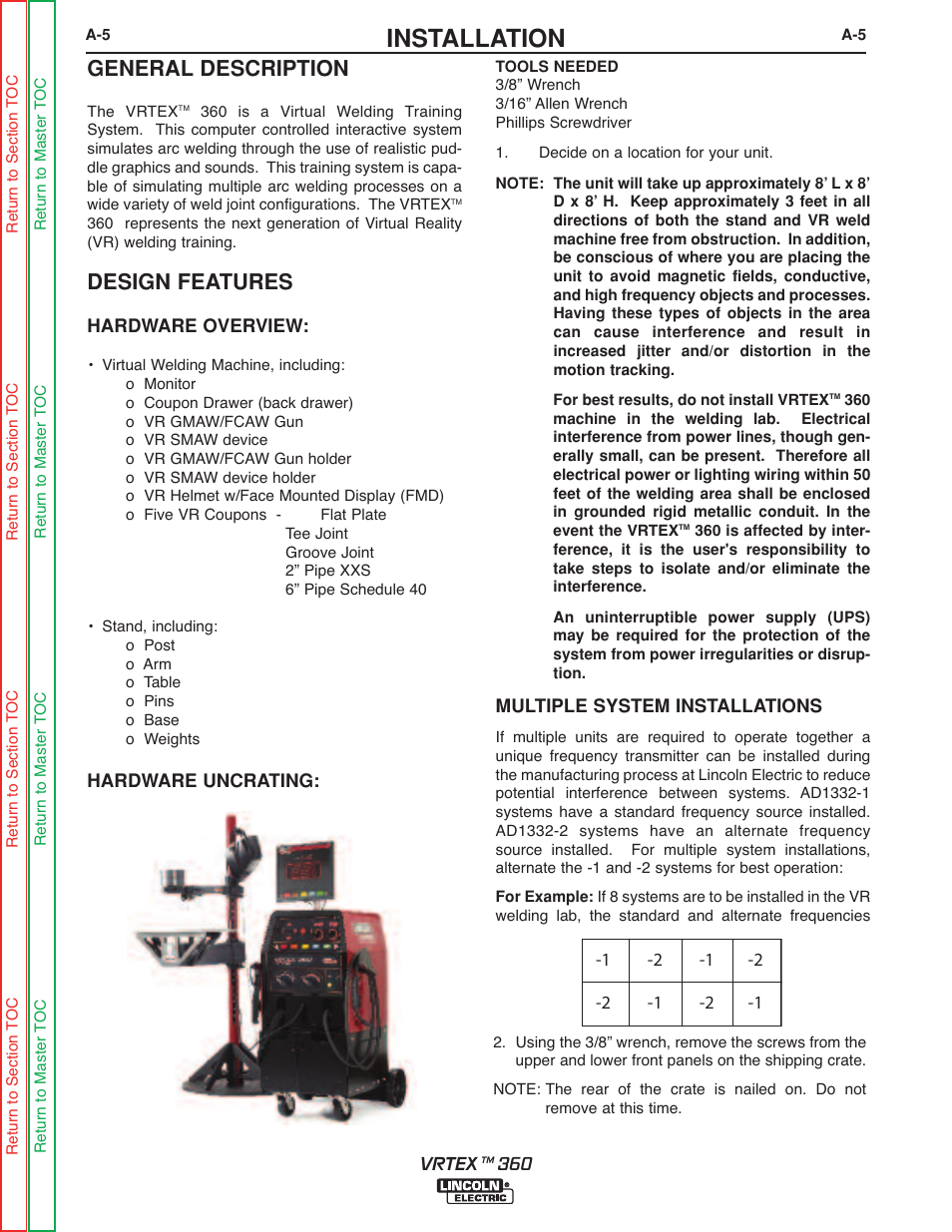 Installation, General description, Design features | Lincoln Electric VRTEXTM 360 SVM200-A User Manual | Page 14 / 171
