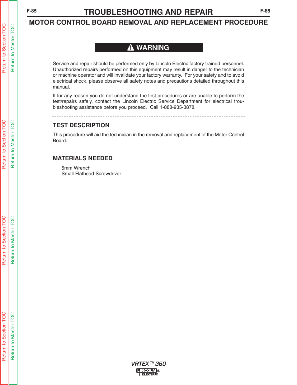 Troubleshooting and repair, Warning | Lincoln Electric VRTEXTM 360 SVM200-A User Manual | Page 142 / 171