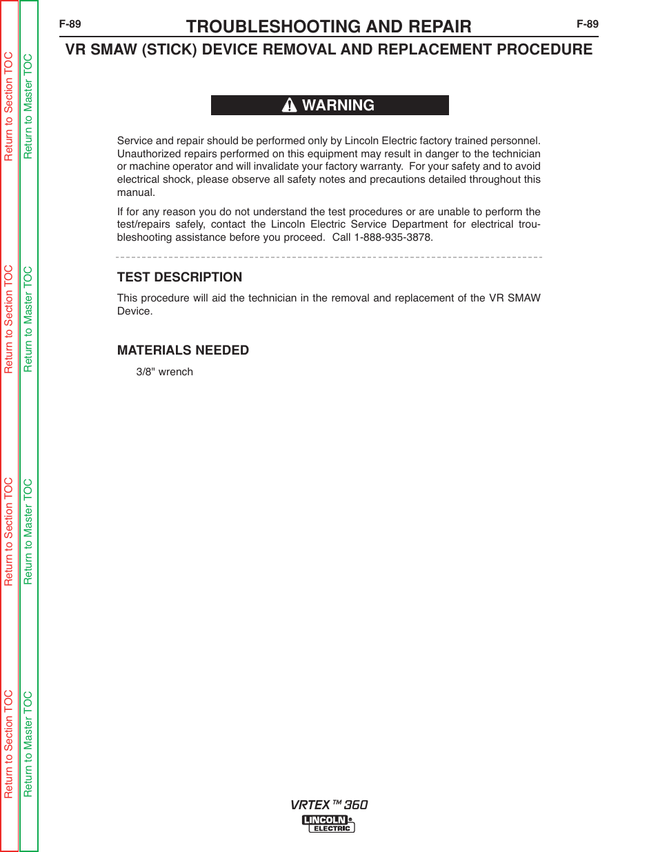 Troubleshooting and repair, Warning | Lincoln Electric VRTEXTM 360 SVM200-A User Manual | Page 146 / 171
