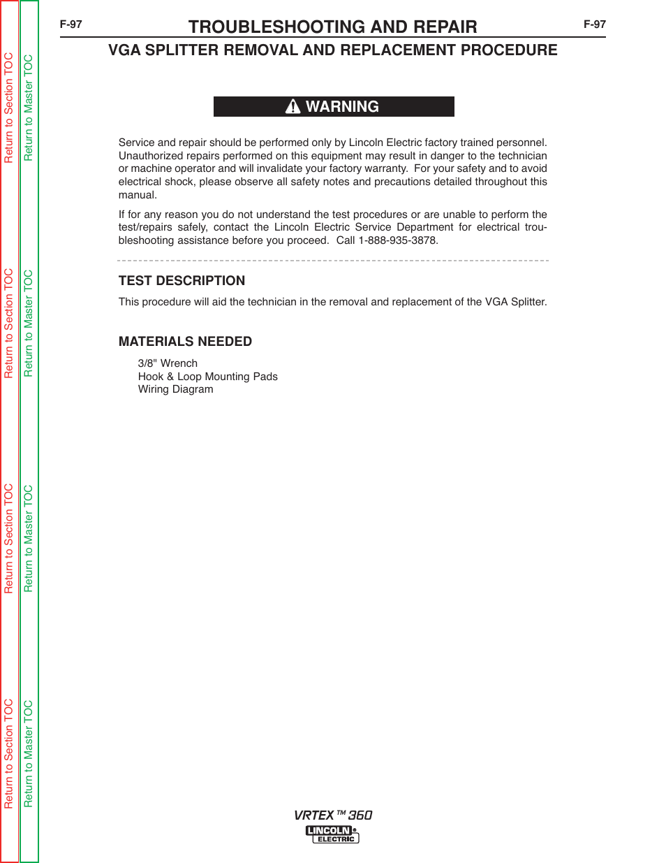 Troubleshooting and repair, Vga splitter removal and replacement procedure, Warning | Lincoln Electric VRTEXTM 360 SVM200-A User Manual | Page 154 / 171