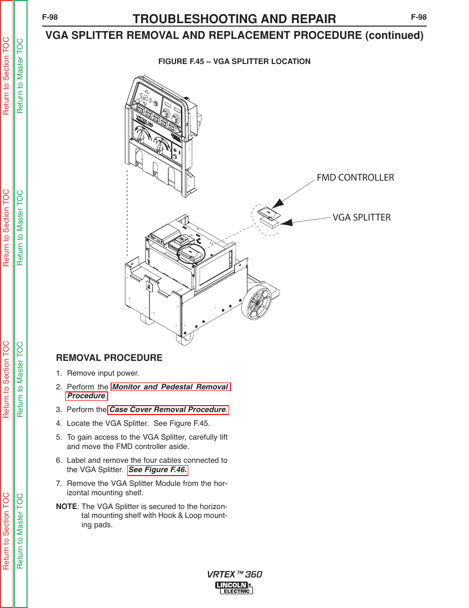 Troubleshooting and repair, Vga splitter fmd controller | Lincoln Electric VRTEXTM 360 SVM200-A User Manual | Page 155 / 171