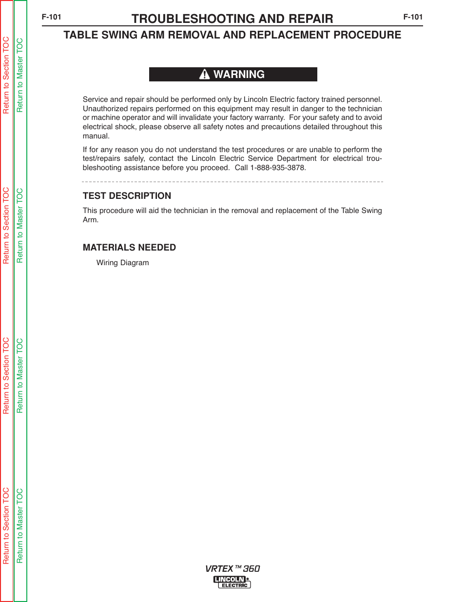 Troubleshooting and repair, Table swing arm removal and replacement procedure, Warning | Lincoln Electric VRTEXTM 360 SVM200-A User Manual | Page 158 / 171