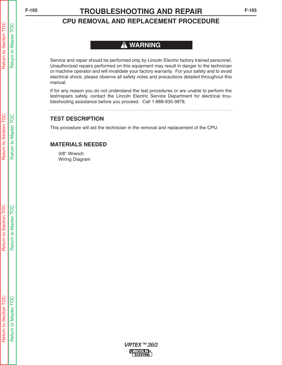 Cpu removal procedure, Troubleshooting and repair, Cpu removal and replacement procedure | Warning | Lincoln Electric VRTEXTM 360 SVM200-A User Manual | Page 162 / 171