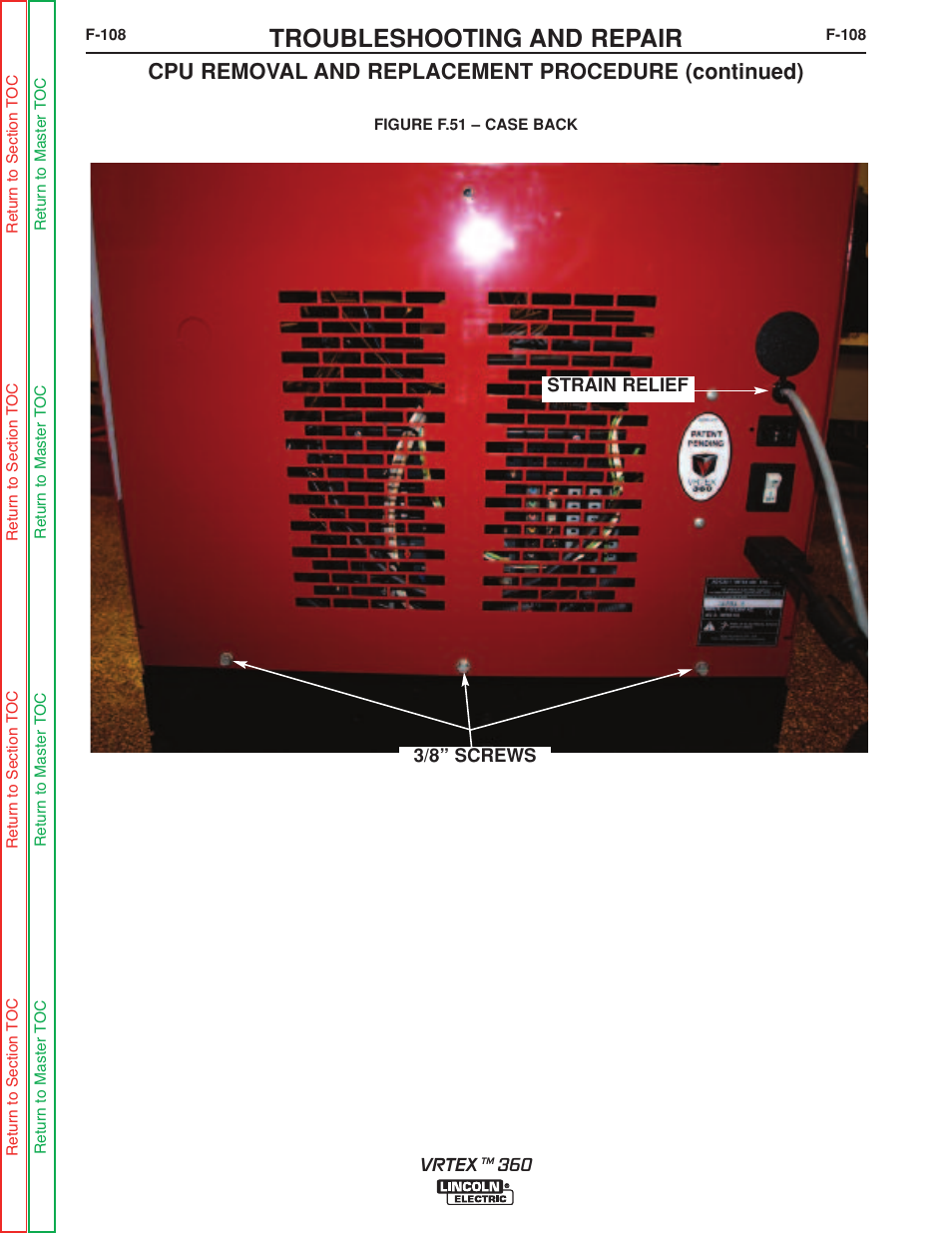 See figure f.51, Troubleshooting and repair, Cpu removal and replacement procedure (continued) | Lincoln Electric VRTEXTM 360 SVM200-A User Manual | Page 165 / 171