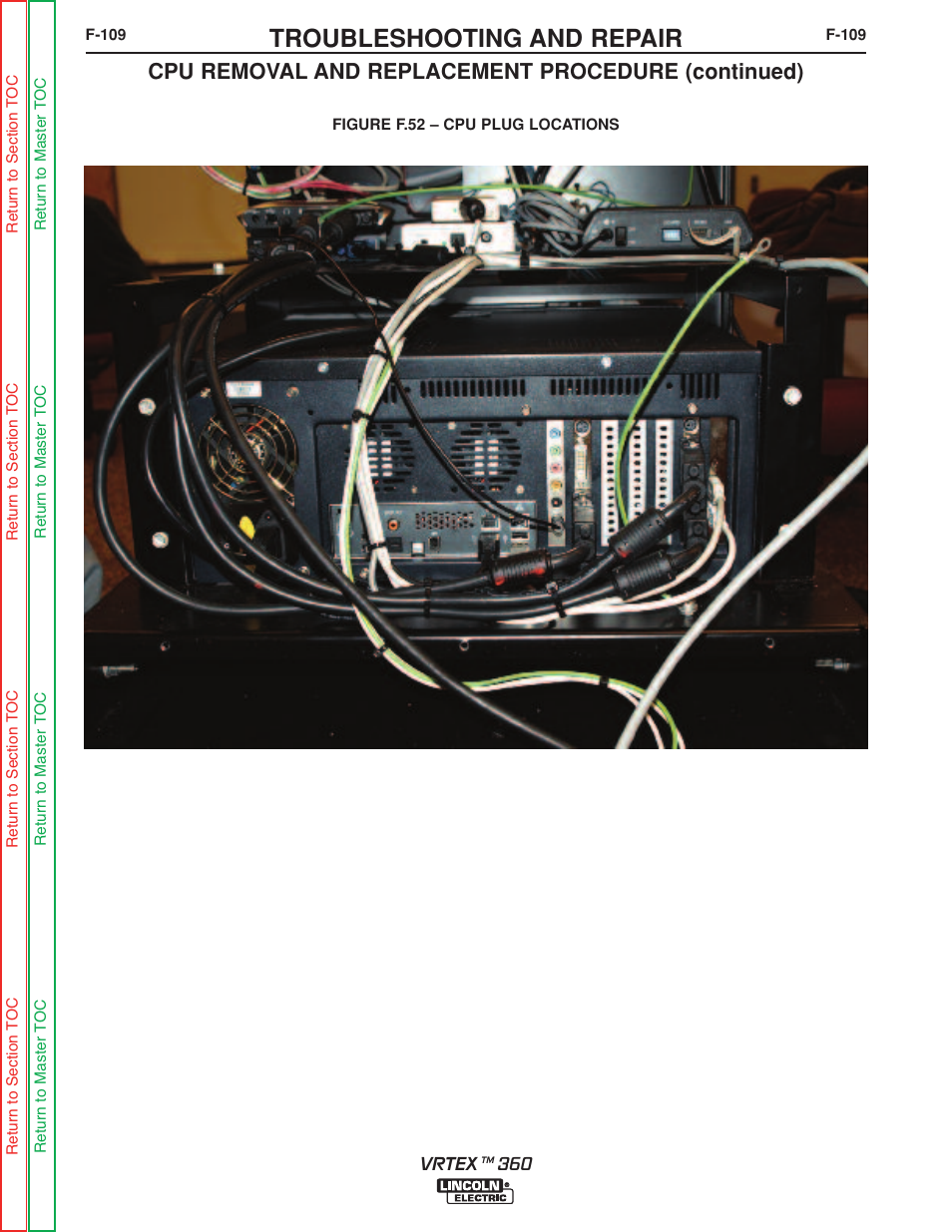 See figure f.52, Cable. see figure, F.52 | Troubleshooting and repair, Cpu removal and replacement procedure (continued) | Lincoln Electric VRTEXTM 360 SVM200-A User Manual | Page 166 / 171