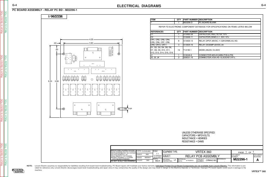 Electrical diagrams, Vrtex 360 relay pcb assembly, Equipment type: subject | Vrtex™ 360, Do not scale this drawing, Scale, Page ___ of, Inch | Lincoln Electric VRTEXTM 360 SVM200-A User Manual | Page 171 / 171