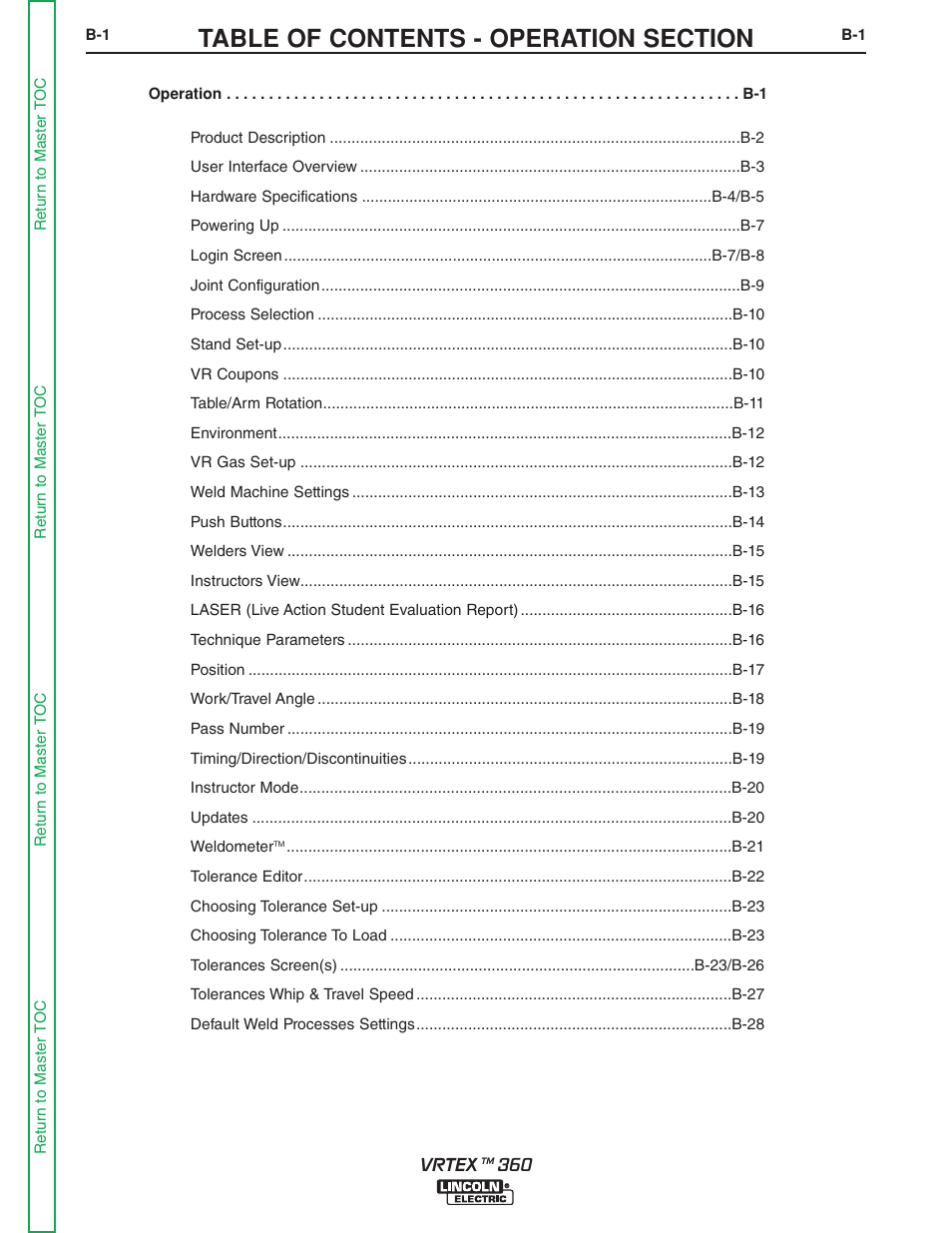 Section b - operation, Operation, Section b | Lincoln Electric VRTEXTM 360 SVM200-A User Manual | Page 19 / 171