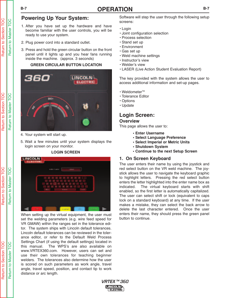 Operation, Login screen, Powering up your system | Lincoln Electric VRTEXTM 360 SVM200-A User Manual | Page 25 / 171