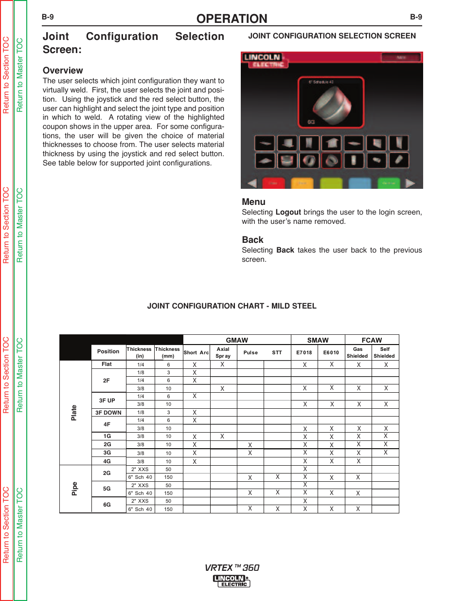 Operation, Joint configuration selection screen, Overview | Menu, Back, Vrtex | Lincoln Electric VRTEXTM 360 SVM200-A User Manual | Page 27 / 171