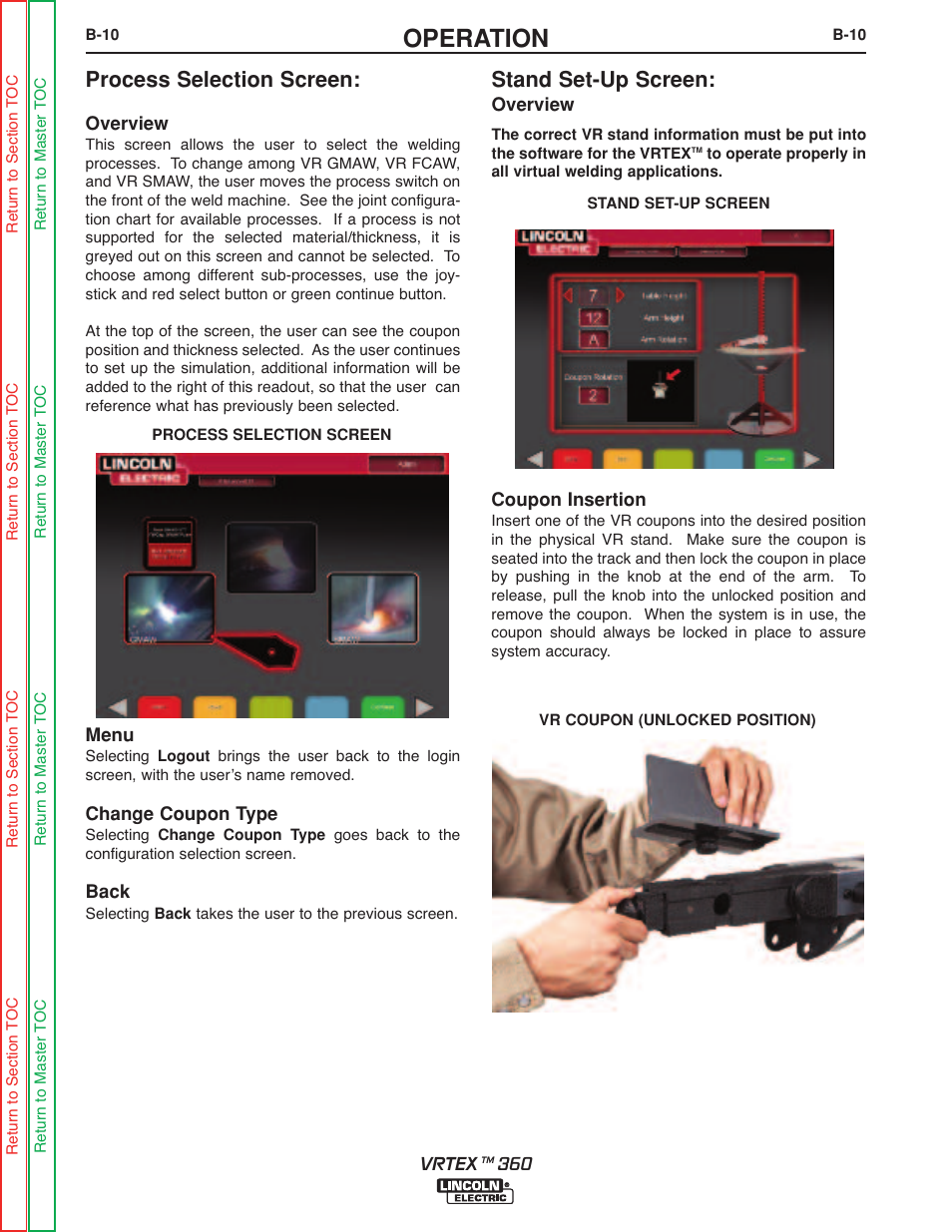Operation, Process selection screen, Stand set-up screen | Lincoln Electric VRTEXTM 360 SVM200-A User Manual | Page 28 / 171