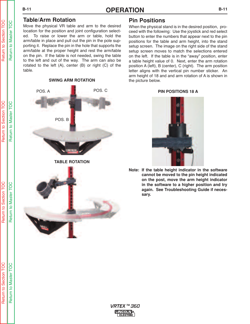 Operation, Table/arm rotation, Pin positions | Lincoln Electric VRTEXTM 360 SVM200-A User Manual | Page 29 / 171