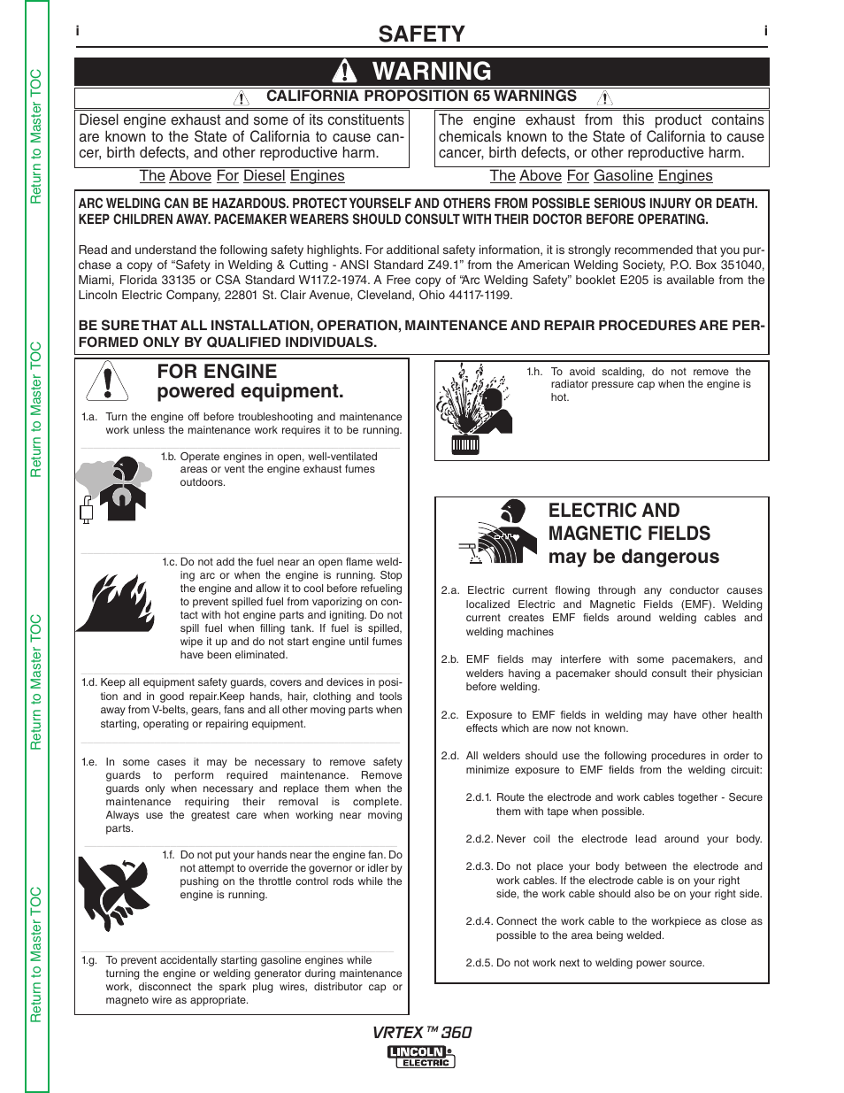 Safety, View, Info | Warning, For engine powered equipment, Electric and magnetic fields may be dangerous | Lincoln Electric VRTEXTM 360 SVM200-A User Manual | Page 3 / 171