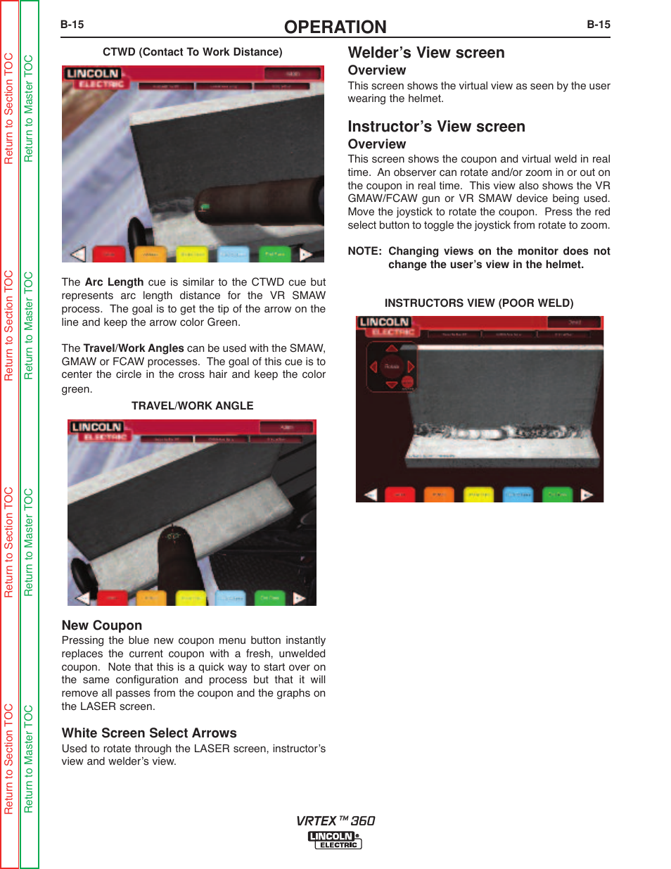 Operation, Welder’s view screen, Instructor’s view screen | Lincoln Electric VRTEXTM 360 SVM200-A User Manual | Page 33 / 171