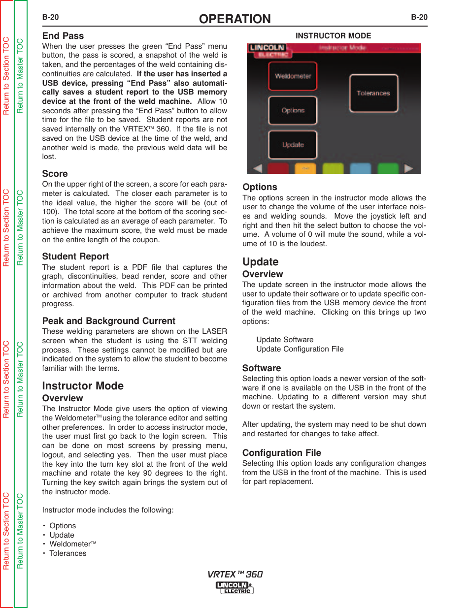 Operation, Instructor mode, Update | Lincoln Electric VRTEXTM 360 SVM200-A User Manual | Page 38 / 171