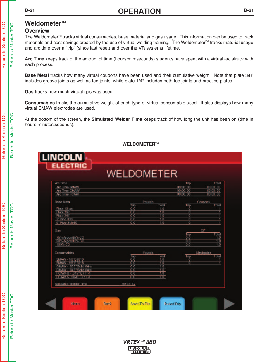Weldometer, B-21, Operation | Lincoln Electric VRTEXTM 360 SVM200-A User Manual | Page 39 / 171