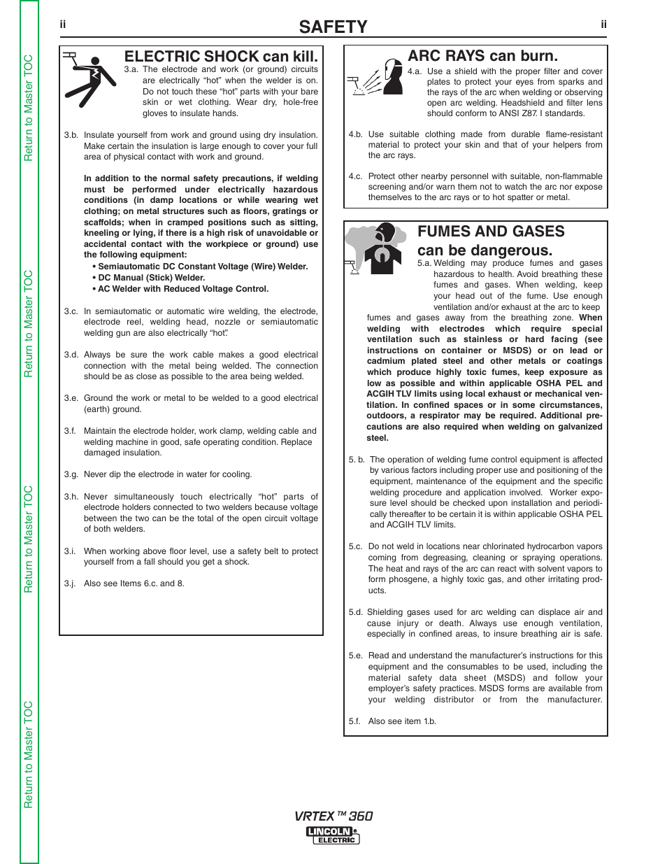 Safety, Arc rays can burn, Electric shock can kill | Fumes and gases can be dangerous, Vrtex | Lincoln Electric VRTEXTM 360 SVM200-A User Manual | Page 4 / 171