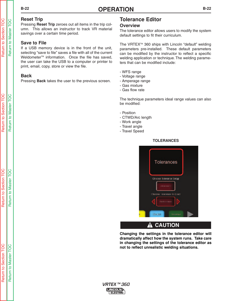 Operation, Tolerance editor, Caution | Lincoln Electric VRTEXTM 360 SVM200-A User Manual | Page 40 / 171
