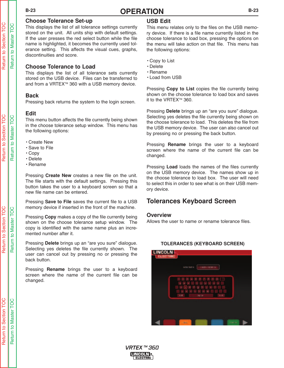 Operation, Tolerances keyboard screen | Lincoln Electric VRTEXTM 360 SVM200-A User Manual | Page 41 / 171