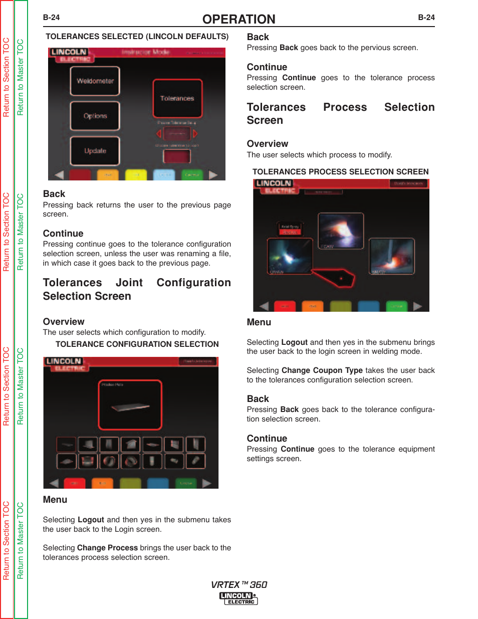 Operation, Tolerances joint configuration selection screen, Tolerances process selection screen | Lincoln Electric VRTEXTM 360 SVM200-A User Manual | Page 42 / 171
