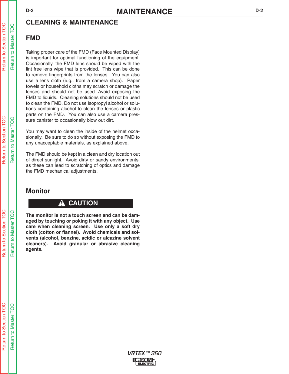 Maintenance, Cleaning & maintenance fmd, Monitor | Caution | Lincoln Electric VRTEXTM 360 SVM200-A User Manual | Page 49 / 171