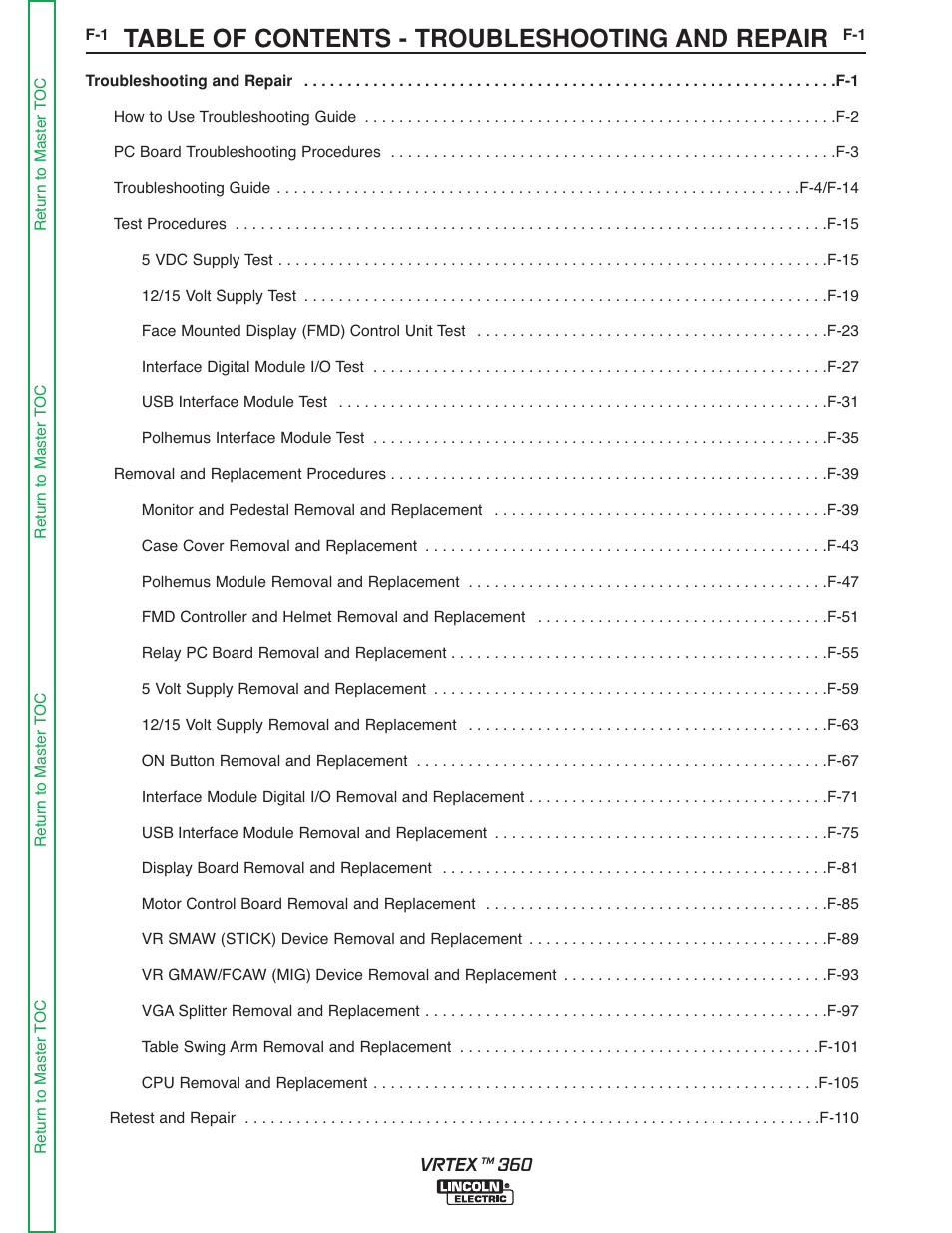 Section f - troubleshooting & repair, Table of contents - troubleshooting and repair | Lincoln Electric VRTEXTM 360 SVM200-A User Manual | Page 58 / 171