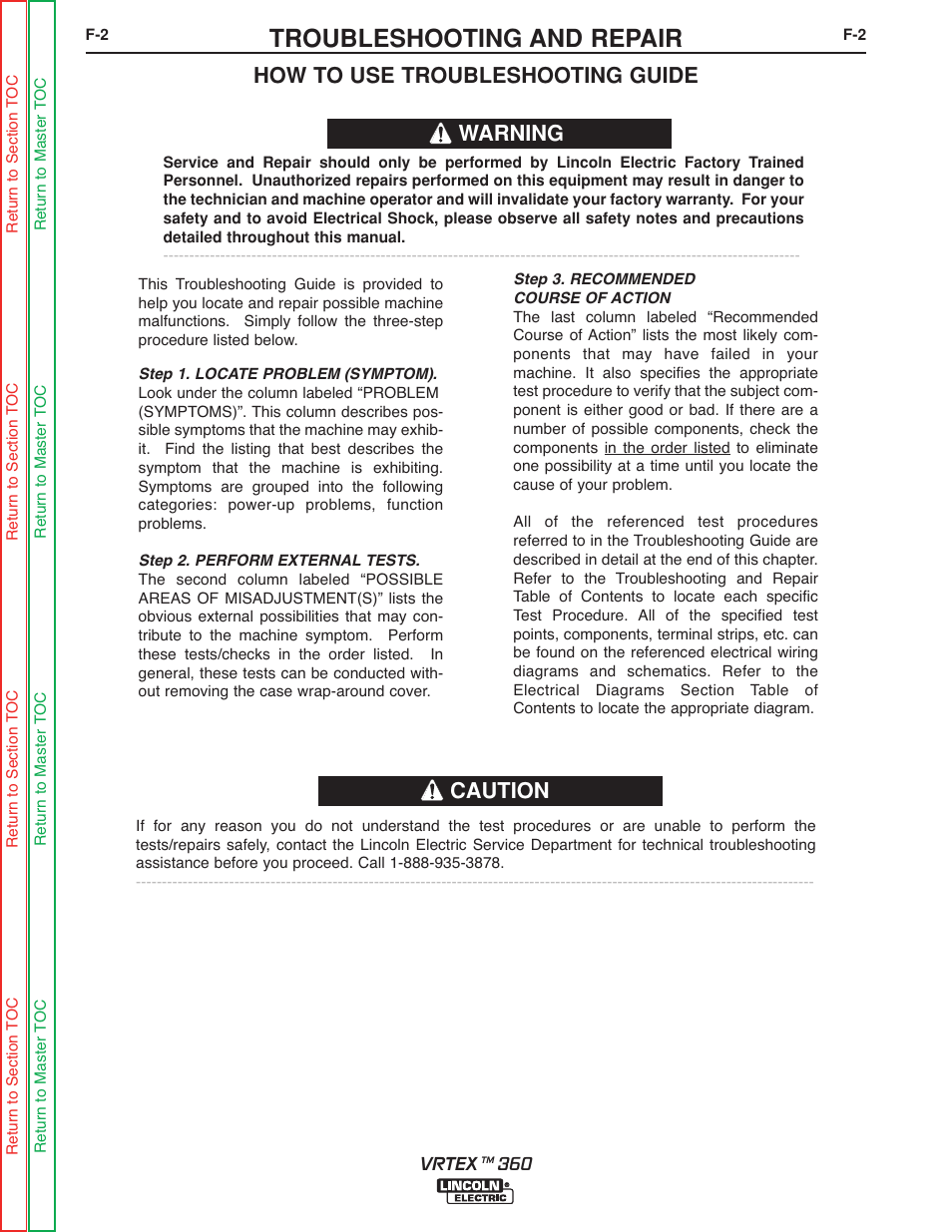 Troubleshooting and repair, How to use troubleshooting guide, Warning caution | Lincoln Electric VRTEXTM 360 SVM200-A User Manual | Page 59 / 171