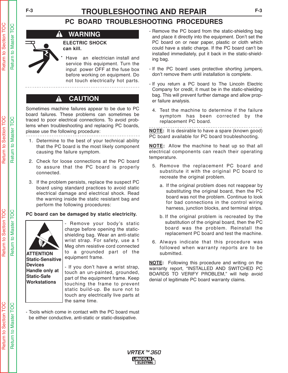 Troubleshooting and repair, Pc board troubleshooting procedures, Warning caution | Lincoln Electric VRTEXTM 360 SVM200-A User Manual | Page 60 / 171