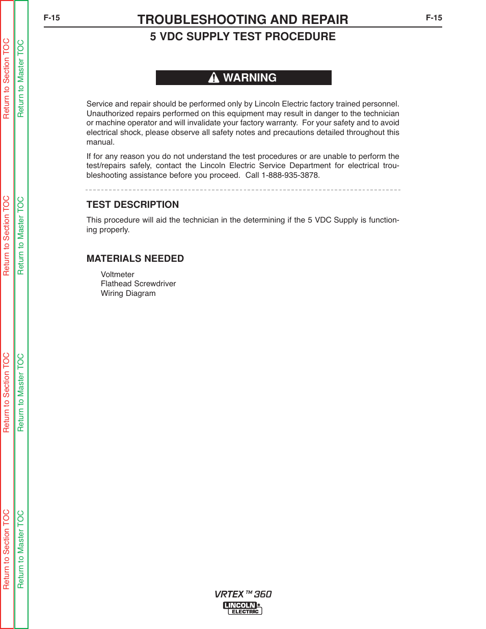 5vdc power supply test, 5vdc supply test, Troubleshooting and repair | 5 vdc supply test procedure, Warning | Lincoln Electric VRTEXTM 360 SVM200-A User Manual | Page 72 / 171