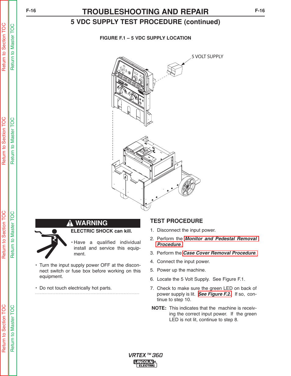 Troubleshooting and repair, 5 vdc supply test procedure (continued), Warning | Lincoln Electric VRTEXTM 360 SVM200-A User Manual | Page 73 / 171