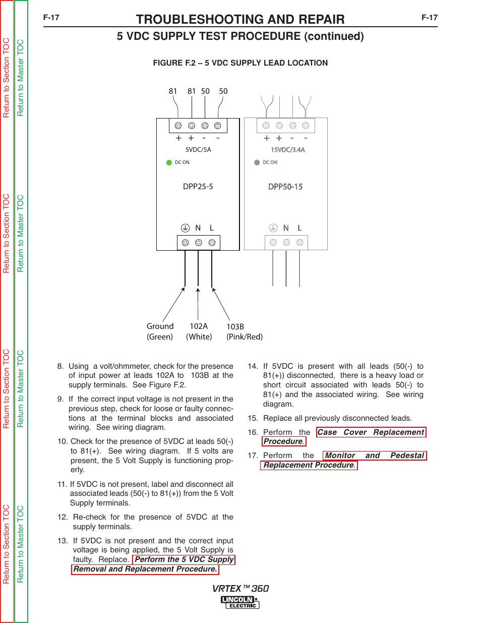 See figure f.2, Troubleshooting and repair, 5 vdc supply test procedure (continued) | Lincoln Electric VRTEXTM 360 SVM200-A User Manual | Page 74 / 171