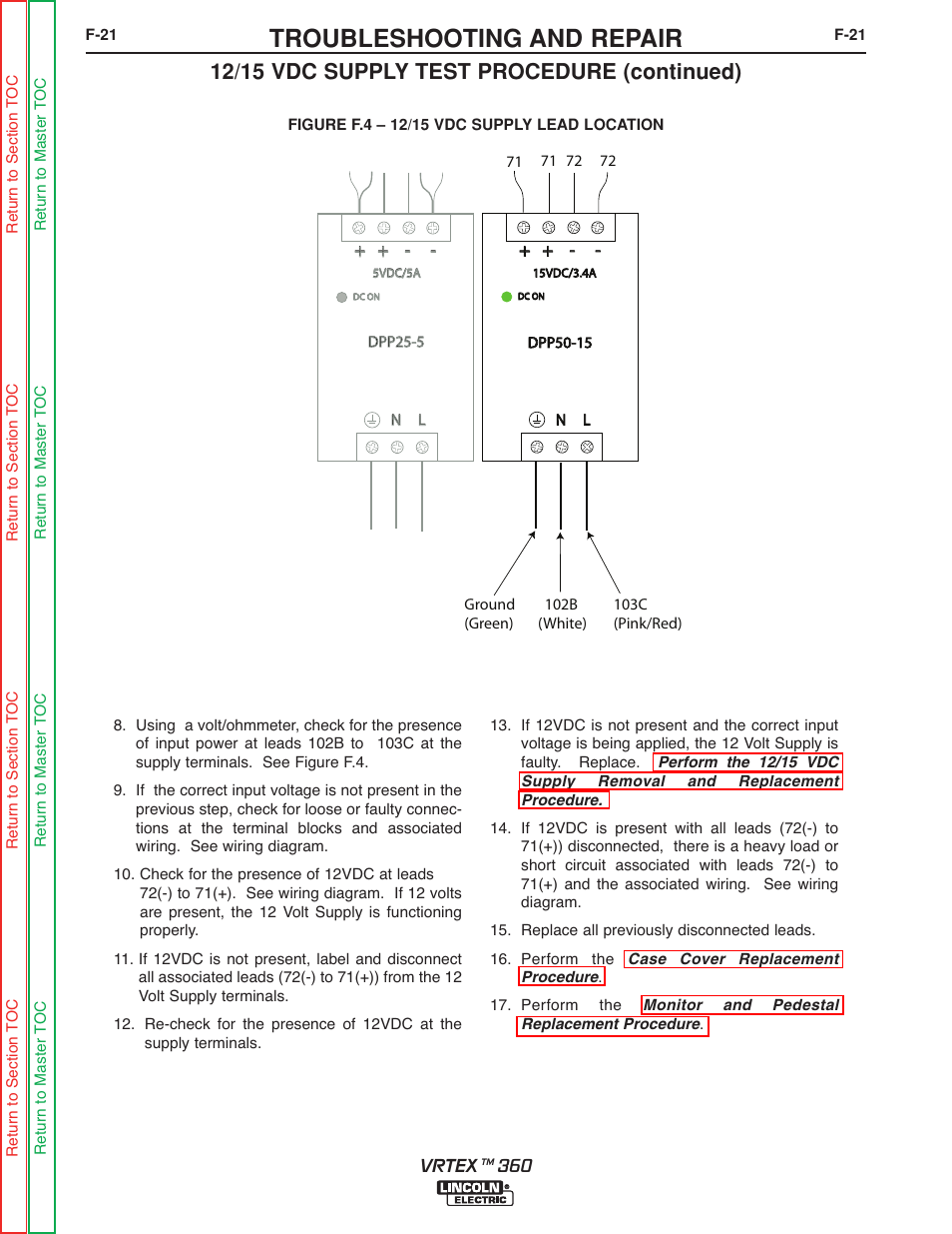 See figure f.4, Troubleshooting and repair, 12/15 vdc supply test procedure (continued) | Lincoln Electric VRTEXTM 360 SVM200-A User Manual | Page 78 / 171